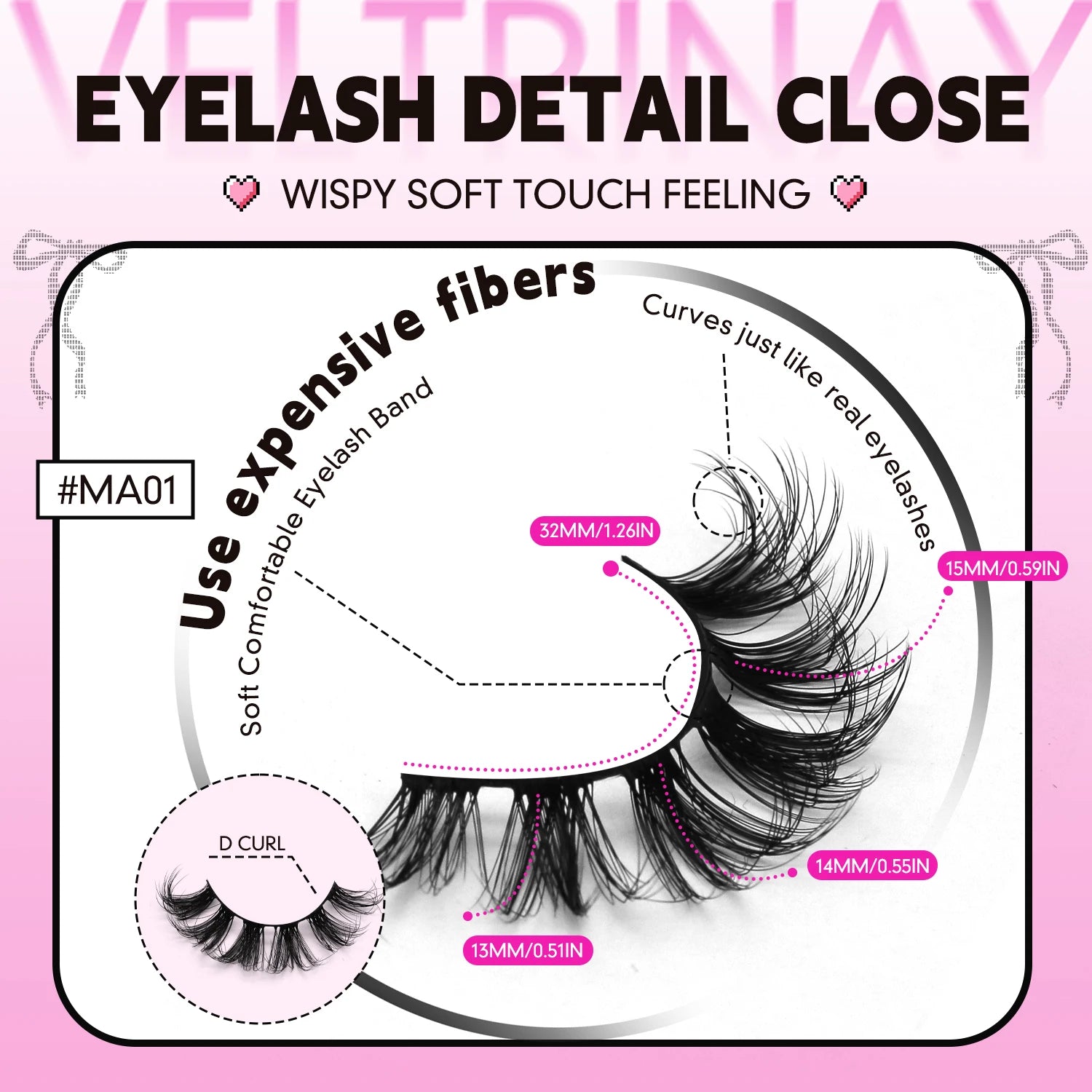 VELTRINAY False Eyelashes 3D Mink Lashes Plush Wispy Lashes Natural Look D Curl Russian Strip Lashes Fake Lashes Makeup